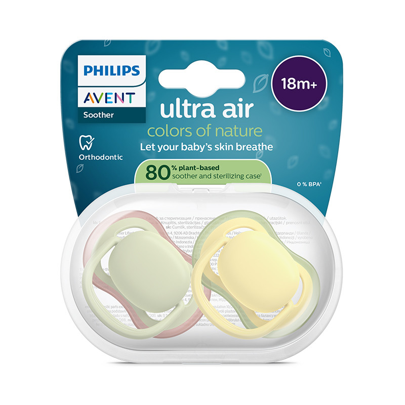 Philips Avent Ultra Air Chupeta Verde e Amarela 18M+ | 2 Chupetas Silicone
