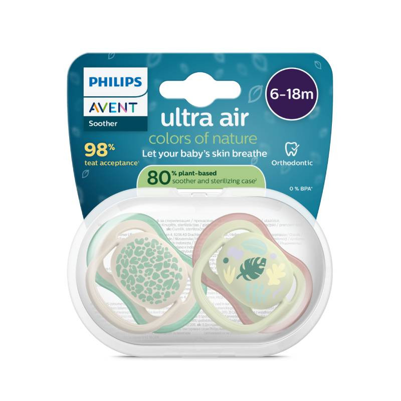 Philips Avent Ultra Air Chupeta Verde e Folhas 6-18M | 2 Chupetas Silicone