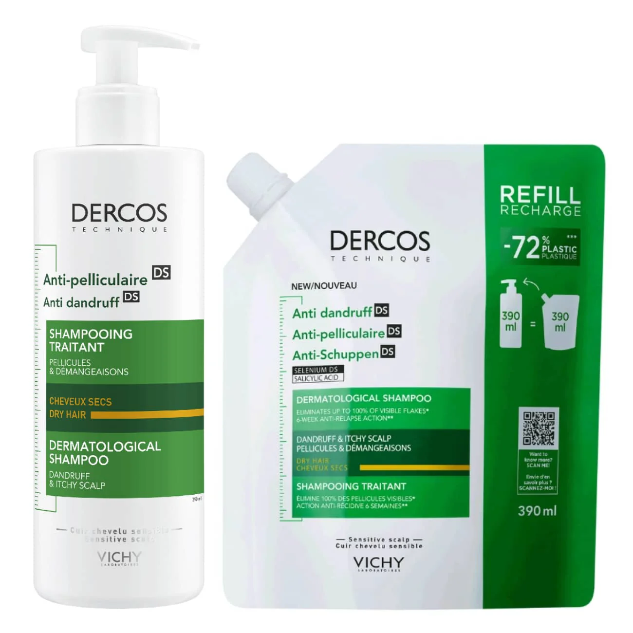 Vichy Dercos Pack DS Champô 390mL + Recarga 390mL – Anti-Caspa Seca
